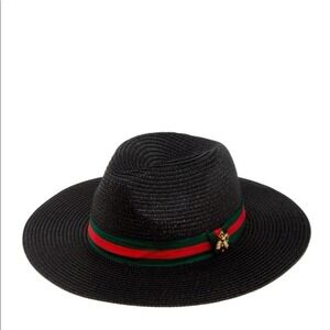 Queen Bee Straw Hat Black Fedora Green Red Stripe Ribbon Gold Bee Detail